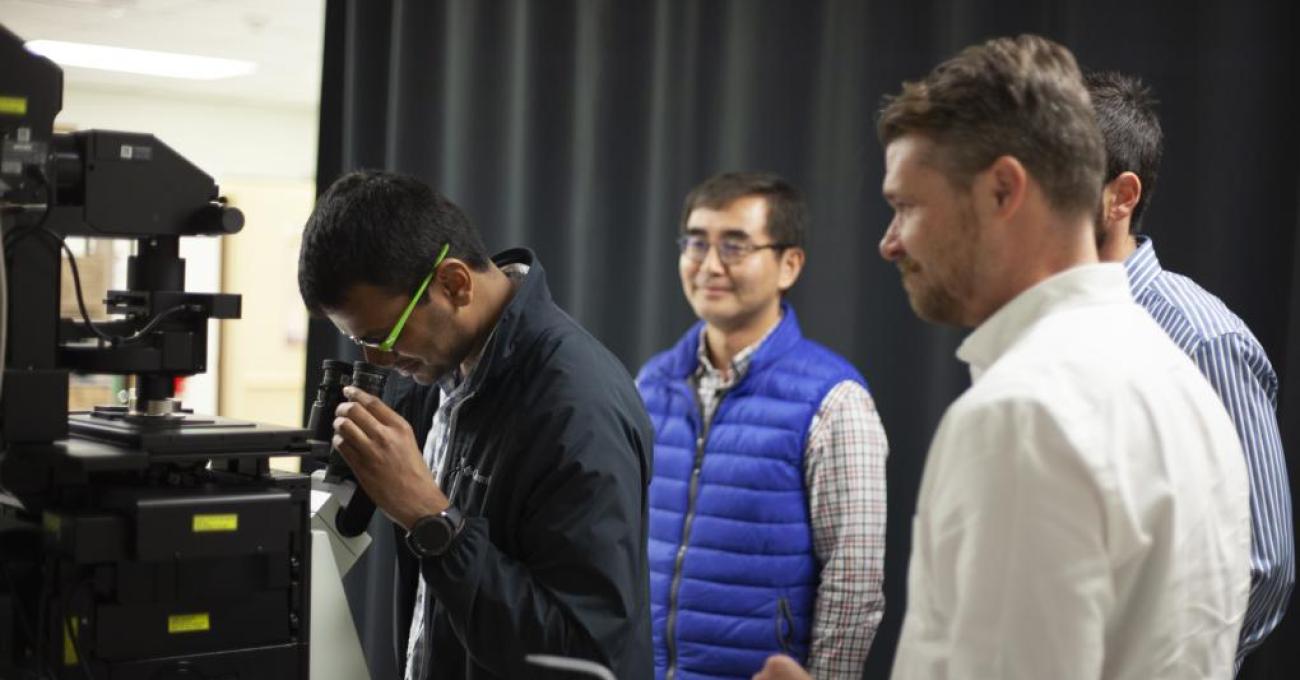 researcher looking through microscope